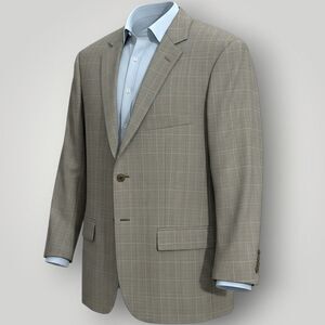 PRONTO UOMO Mens Blazer Sport Coat Two Button Jacket Tan/Blue Plaid 44R Wool